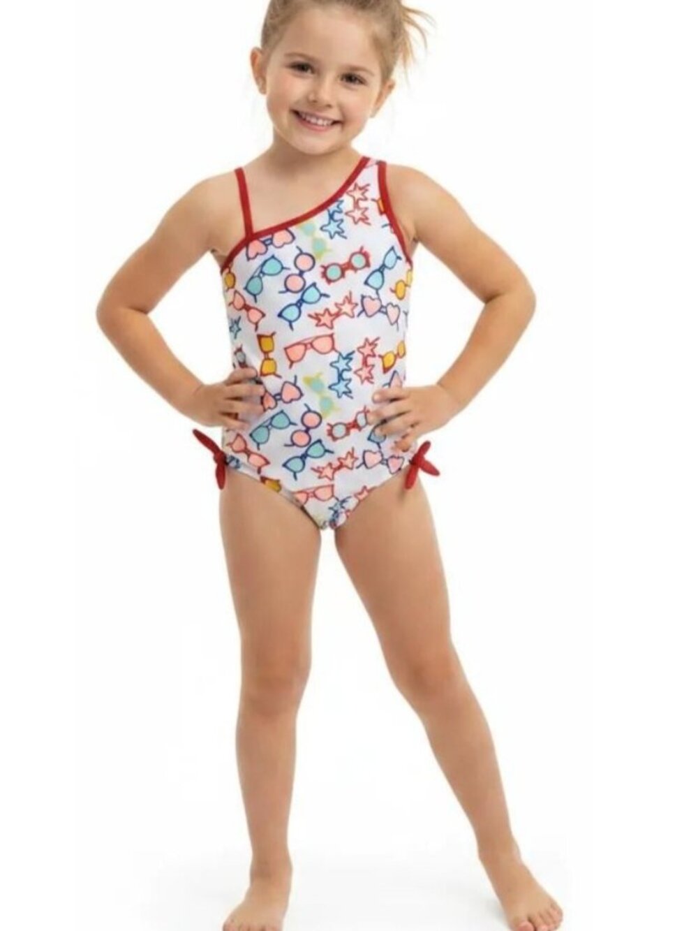 LANDS' END Girls White/Multicolor Sunglasses Print One-Piece Swimsuit Size 7+